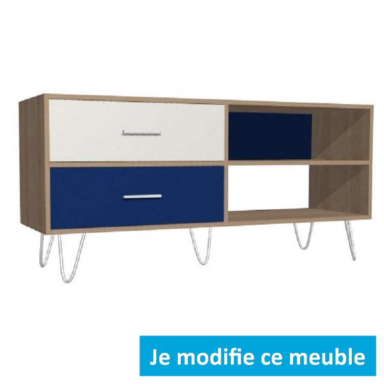 Large meuble à compartiments sur-mesure porte blanc bleu bois