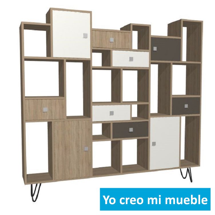 librería desnivelada en madera, blanca y gris