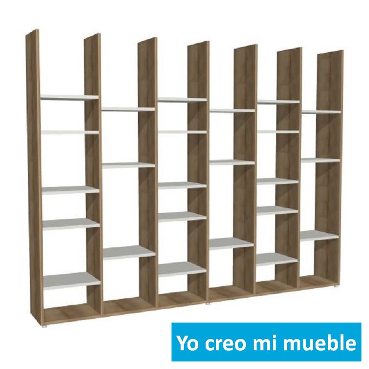 librería desnivelada en madera, blanca