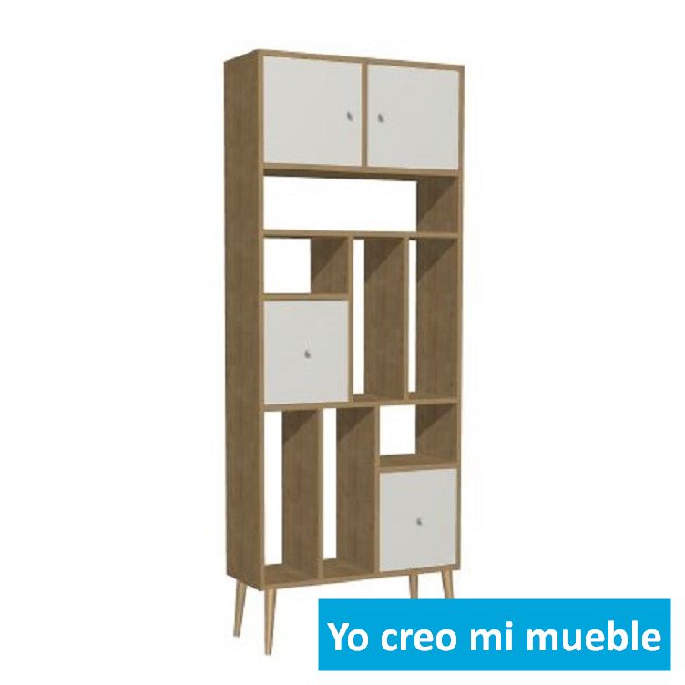 librería desnivelada en madera, blanca