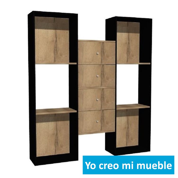 librería desnivelada en madera y negra
