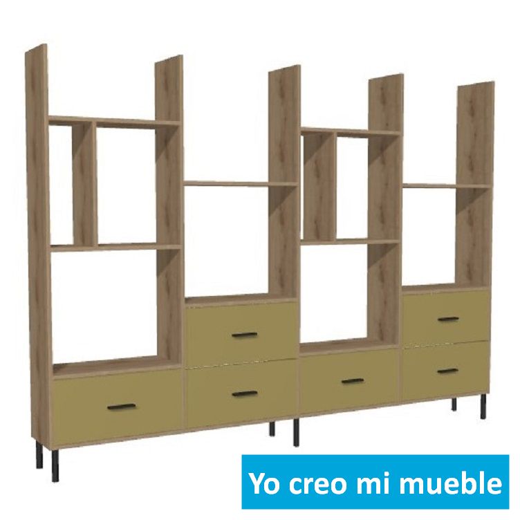 librería desnivelada en madera y verde