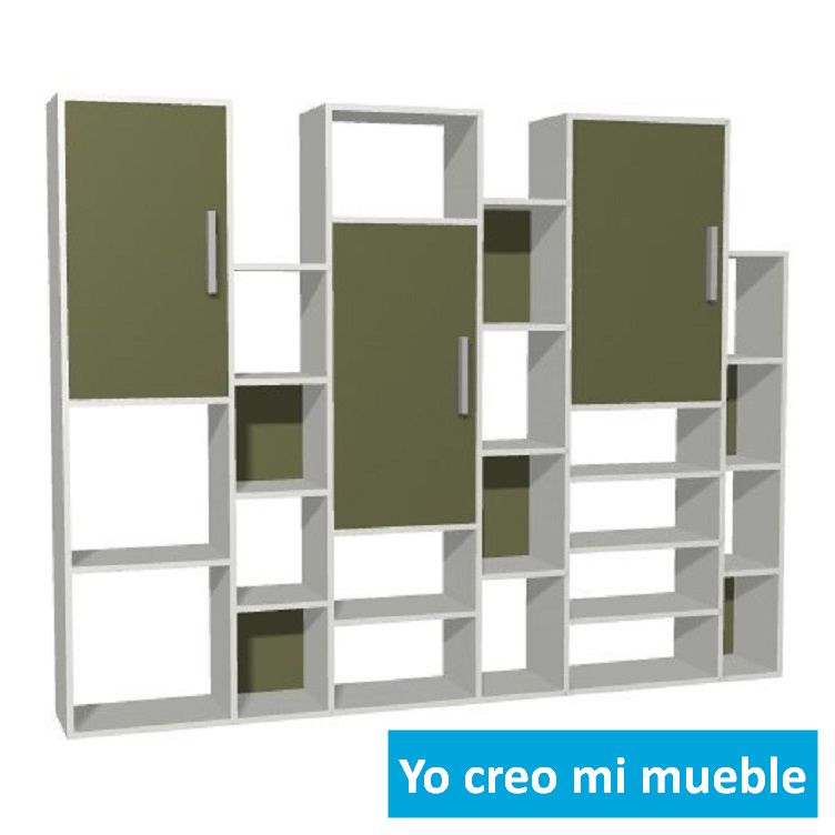 librería desnivelada en madera y verde