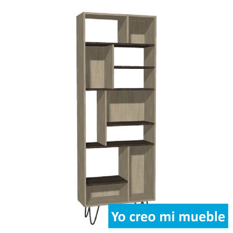 librería desnivelada en madera y roja