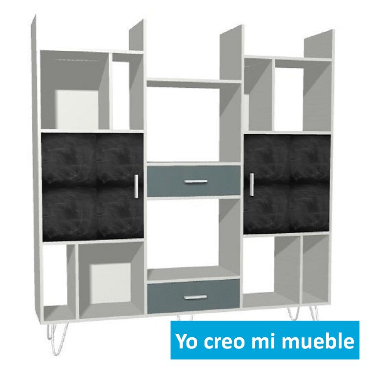 librería desnivelada en tiza blanca y azul