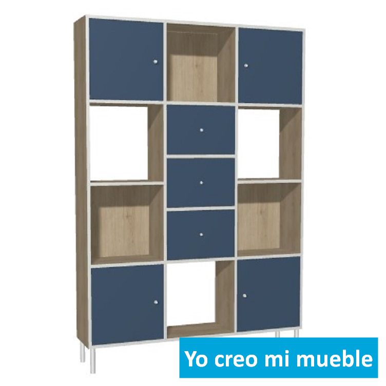 librería y estantería en madera, azul y blanca