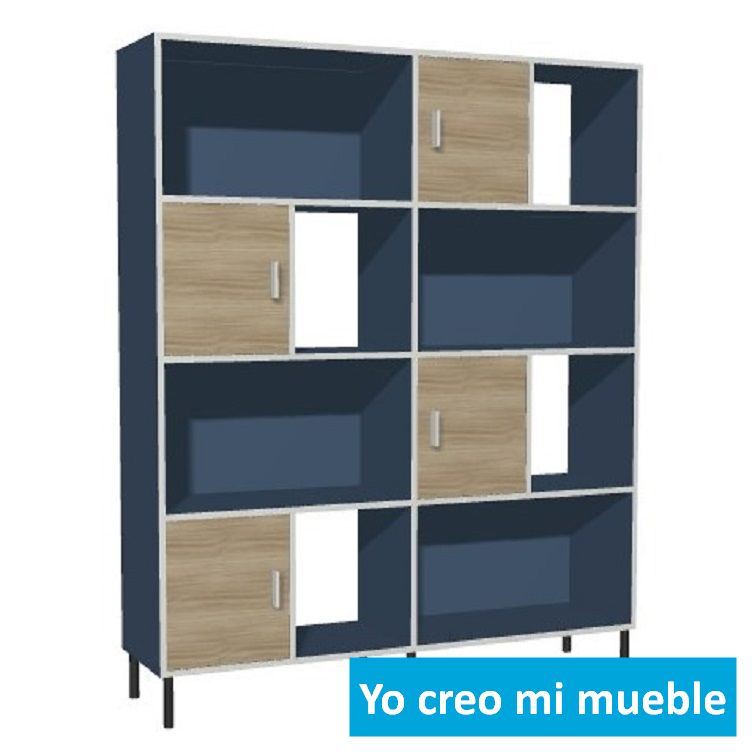 librería y estantería en madera y azul