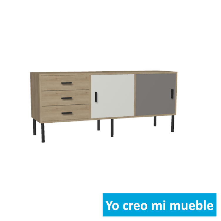 comoda en madera, gris y blanca