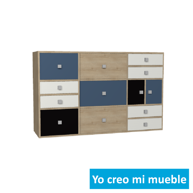 comoda en madera, blanca, negra y azul