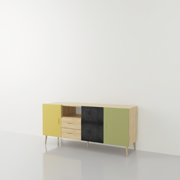 mueble bajo en tiza, verde y en madera