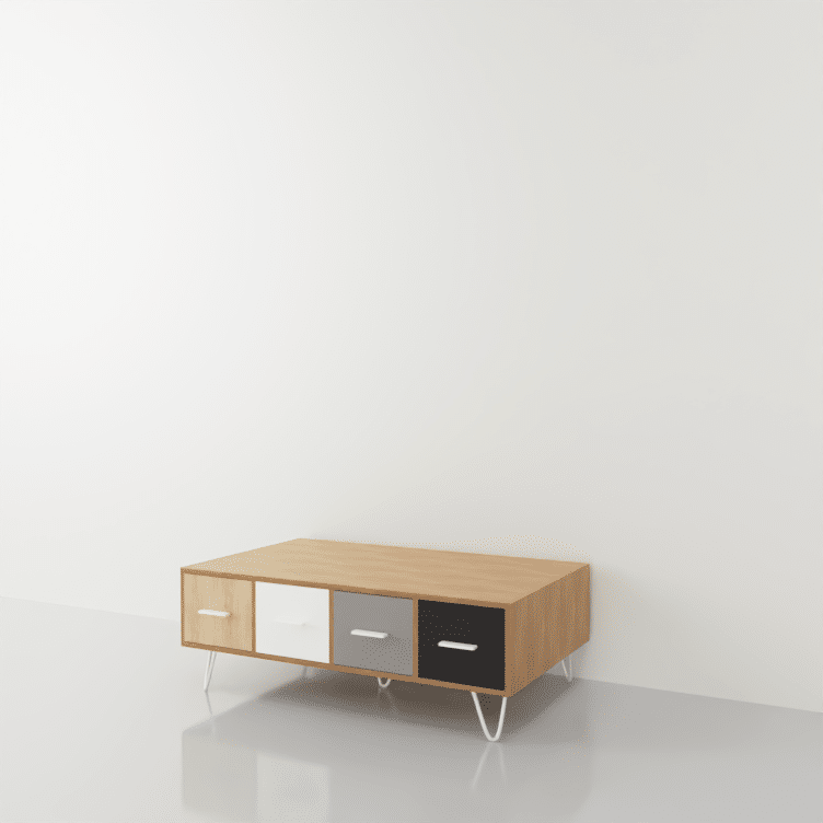 mueble para TV, en madera, blanco, gris y negro