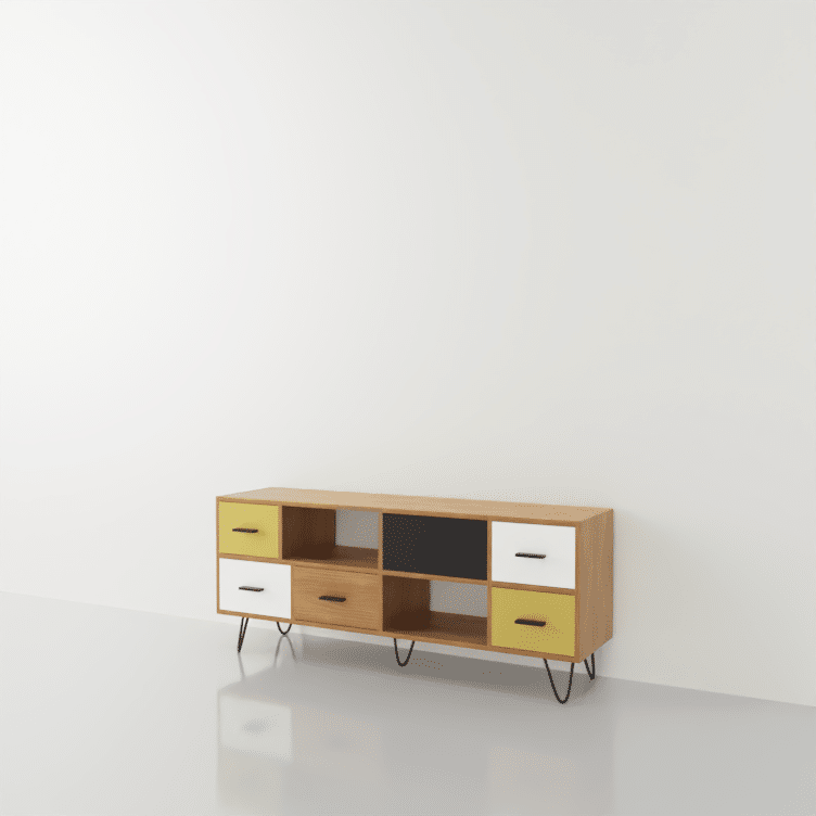 mueble para TV en madera, blanco, verde y negro