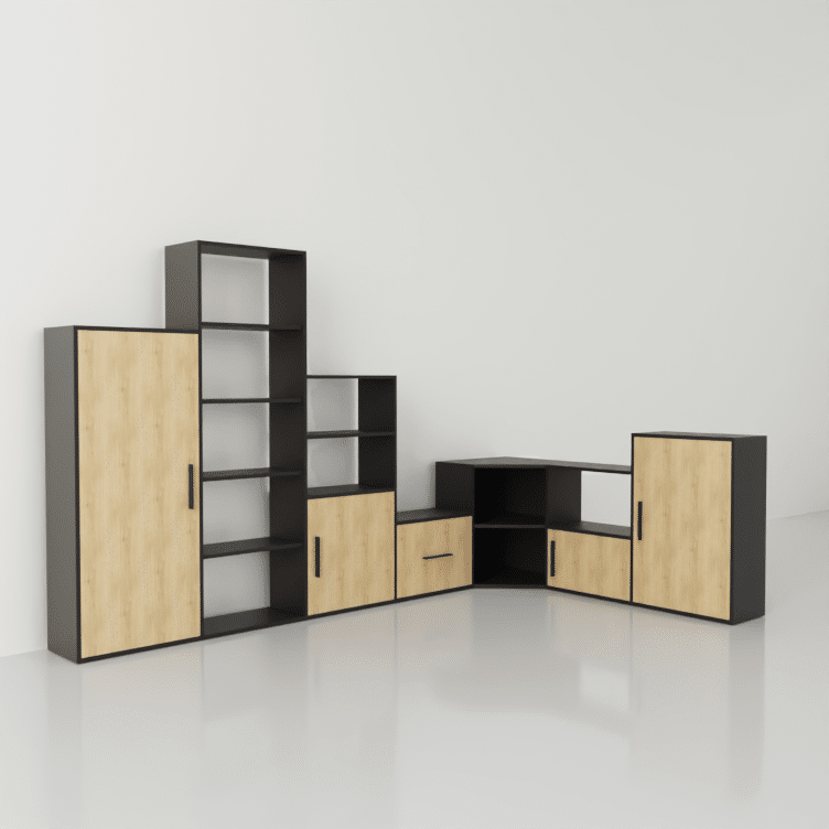 mueble esquinero en madera y negro