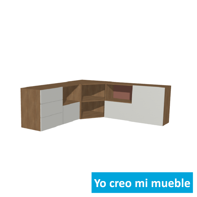 mueble tv esquinero en madera y blanco