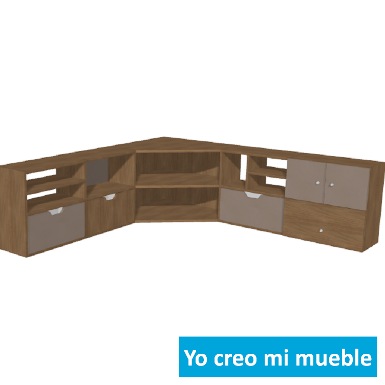 mueble tv esquinero en madera y beis