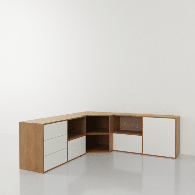 mueble tv esquinero en madera y blanco