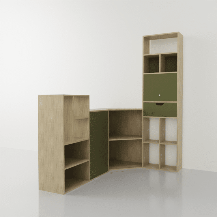 mueble tv esquinero en madera y verde