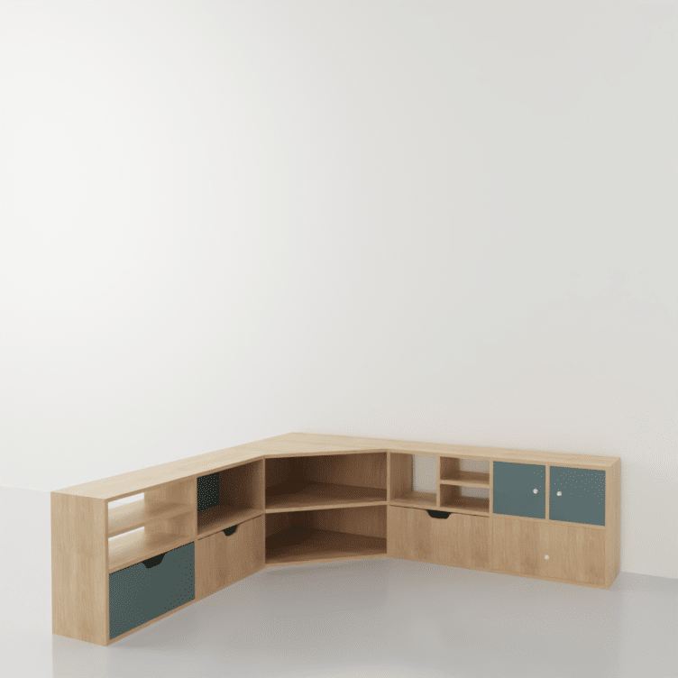 mueble tv esquinero en madera y azul