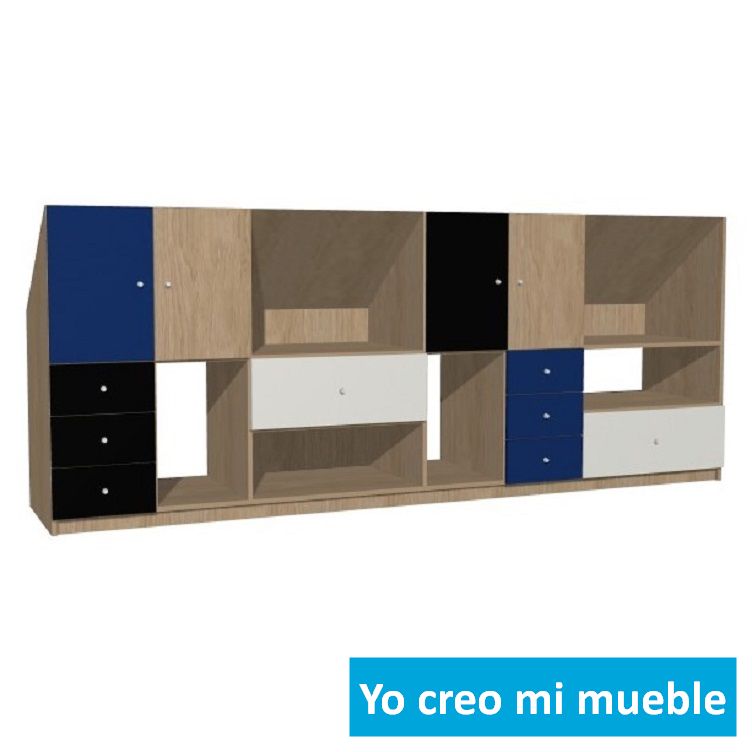 mueble para buhardillas en madera, azul, negro y blanco