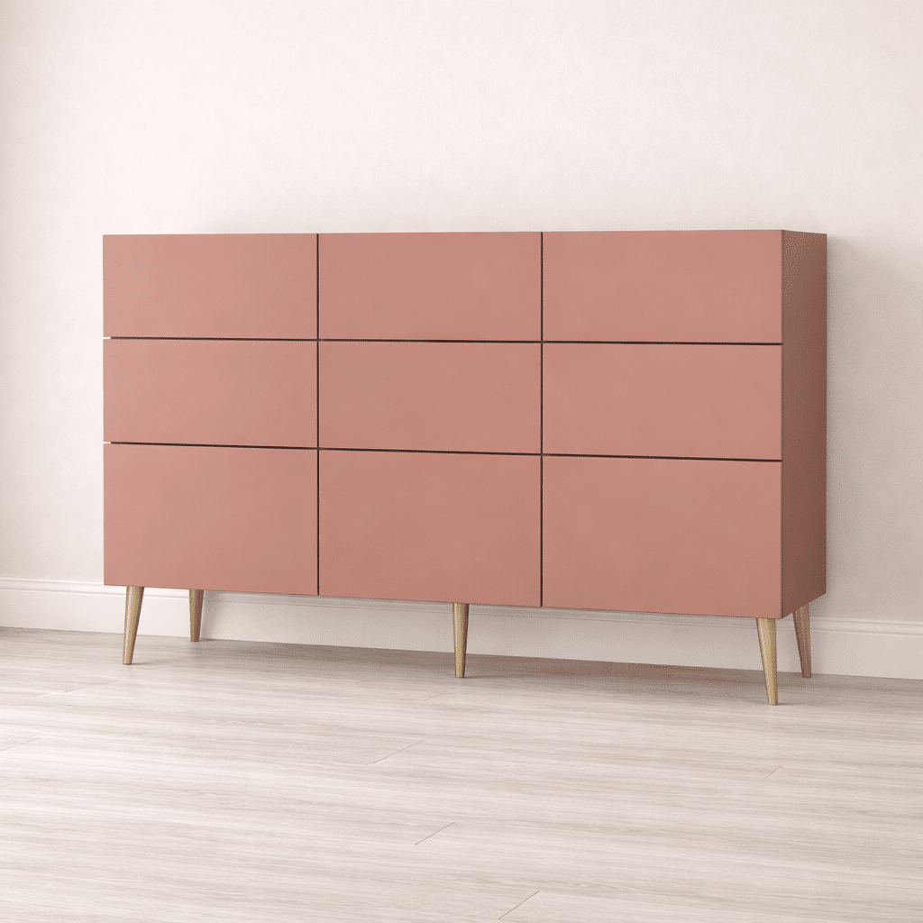 Commode sur mesure rose 9 placards sur pieds